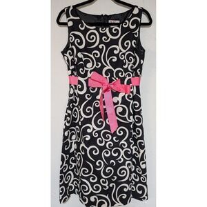 Vintage R&K Originals Dress‎ 12 Black & White Swirl Sleeveless w/Ribbon Belt